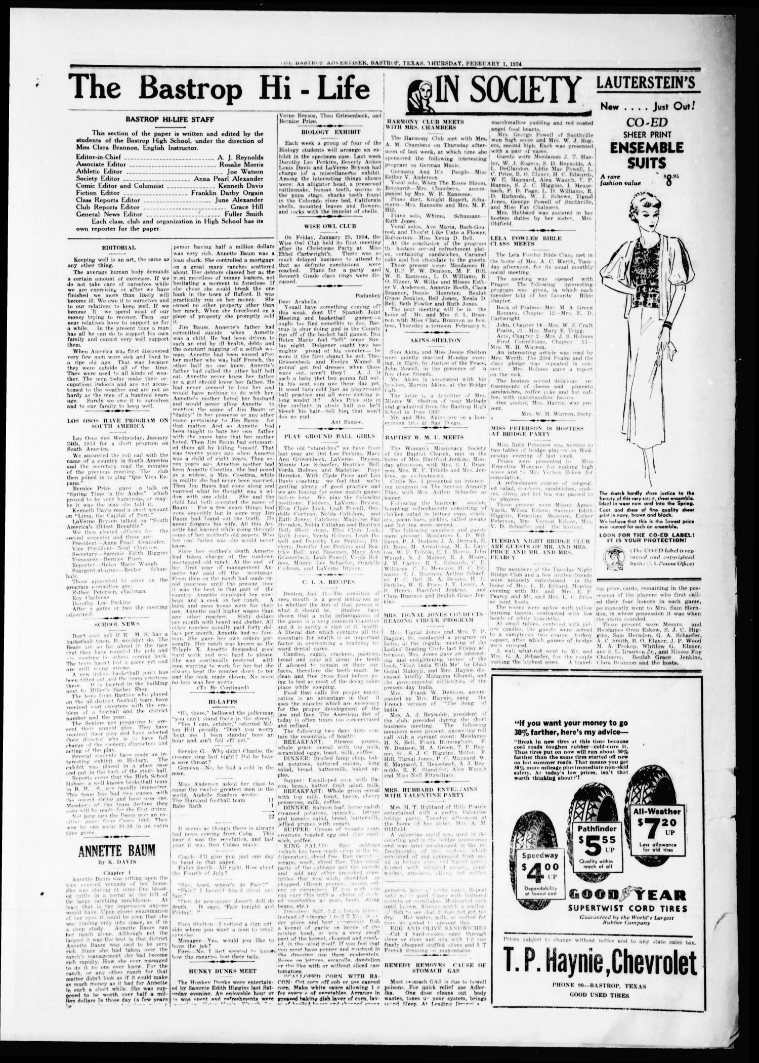 The Bastrop Advertiser (Bastrop, Tex.), Vol. 80, No. 45, Ed. 1 Thursday, February 1, 1934
                                                
                                                    [Sequence #]: 3 of 4
                                                