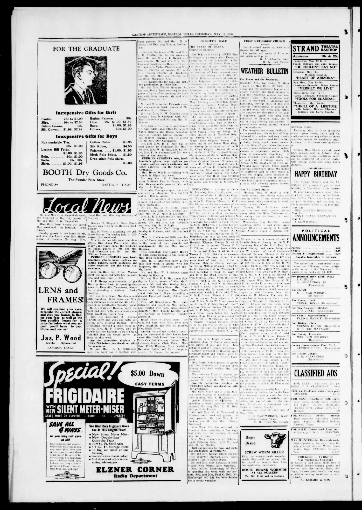Bastrop Advertiser (Bastrop, Tex.), Vol. 85, No. 8, Ed. 1 Thursday, May 12, 1938
                                                
                                                    [Sequence #]: 4 of 4
                                                