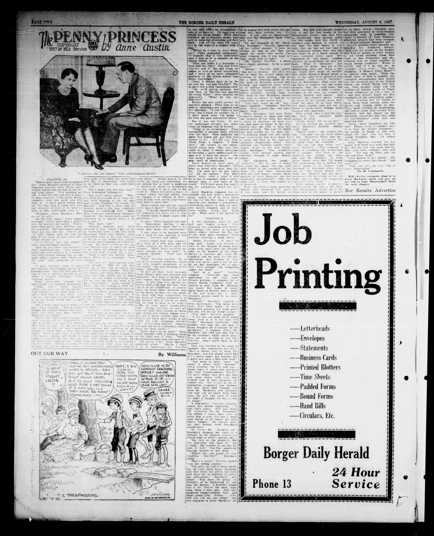 Borger Daily Herald (Borger, Tex.), Vol. 1, No. 216, Ed. 1 Wednesday, August 3, 1927
                                                
                                                    [Sequence #]: 2 of 6
                                                