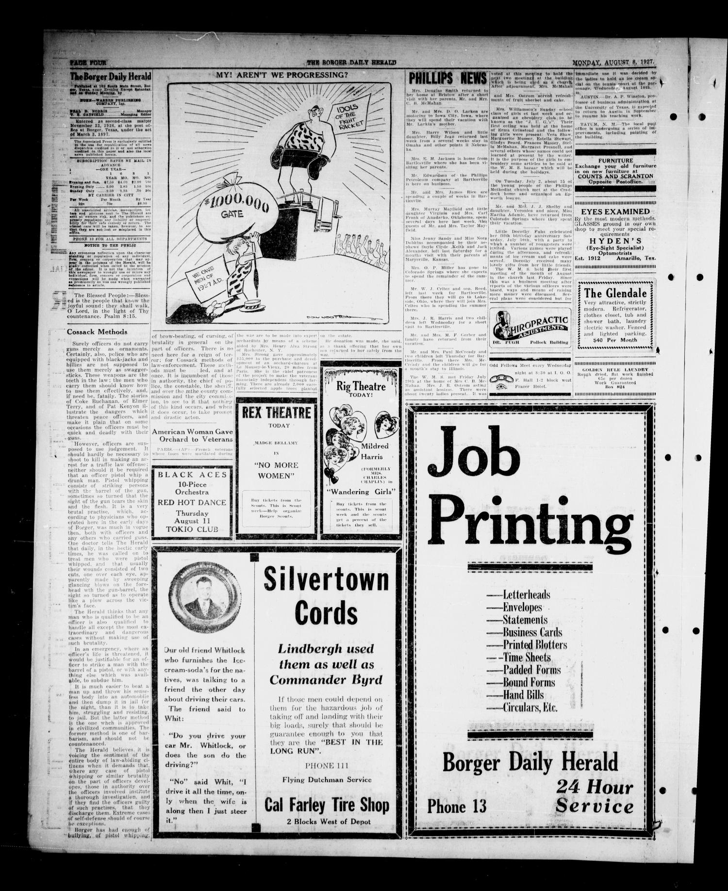 Borger Daily Herald (Borger, Tex.), Vol. 1, No. 220, Ed. 1 Monday, August 8, 1927
                                                
                                                    [Sequence #]: 4 of 6
                                                