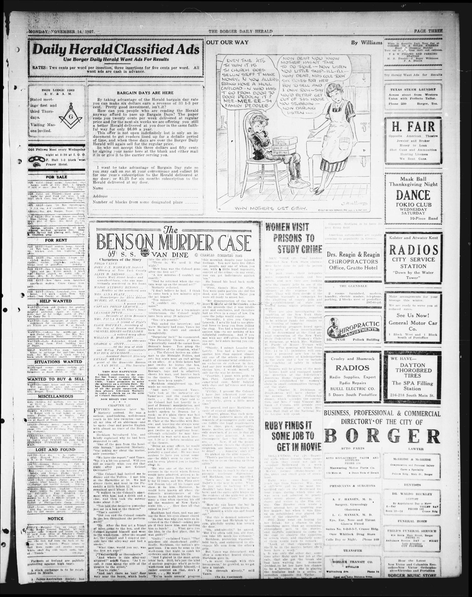 Borger Daily Herald (Borger, Tex.), Vol. 1, No. 304, Ed. 1 Monday, November 14, 1927
                                                
                                                    [Sequence #]: 3 of 4
                                                