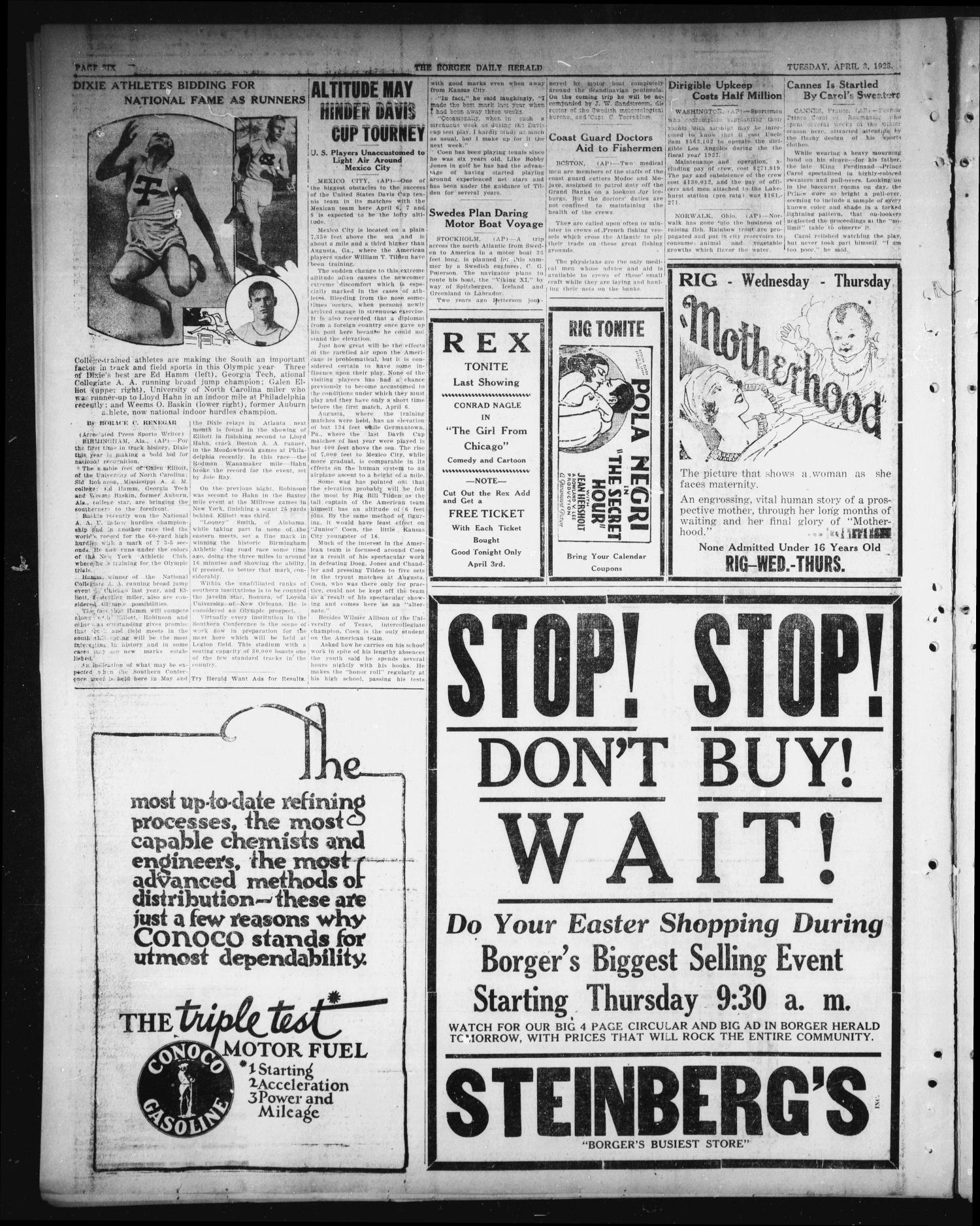 Borger Daily Herald (Borger, Tex.), Vol. 2, No. 113, Ed. 1 Tuesday, April 3, 1928
                                                
                                                    [Sequence #]: 6 of 6
                                                