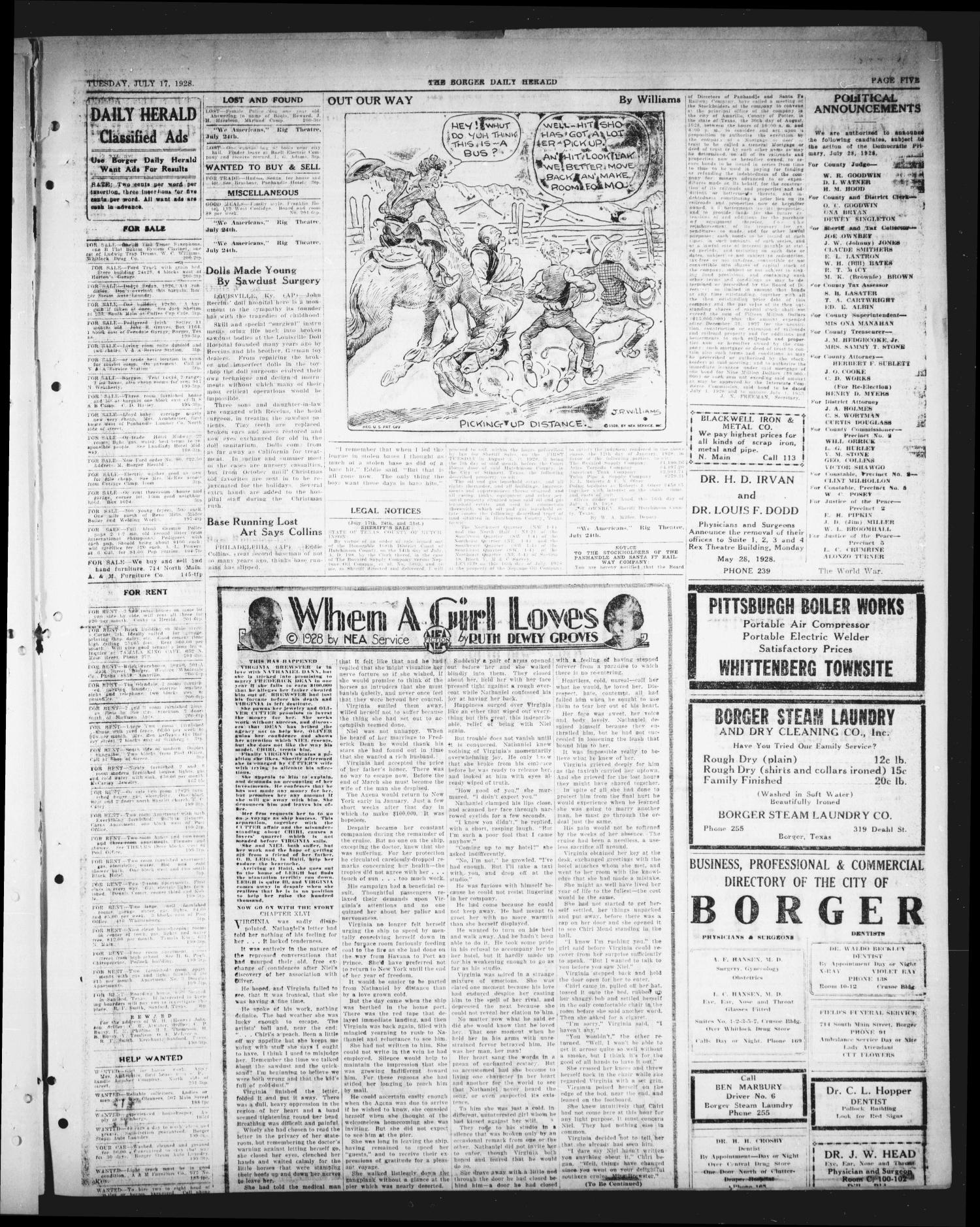 Borger Daily Herald (Borger, Tex.), Vol. 2, No. 201, Ed. 1 Tuesday, July 17, 1928
                                                
                                                    [Sequence #]: 5 of 6
                                                