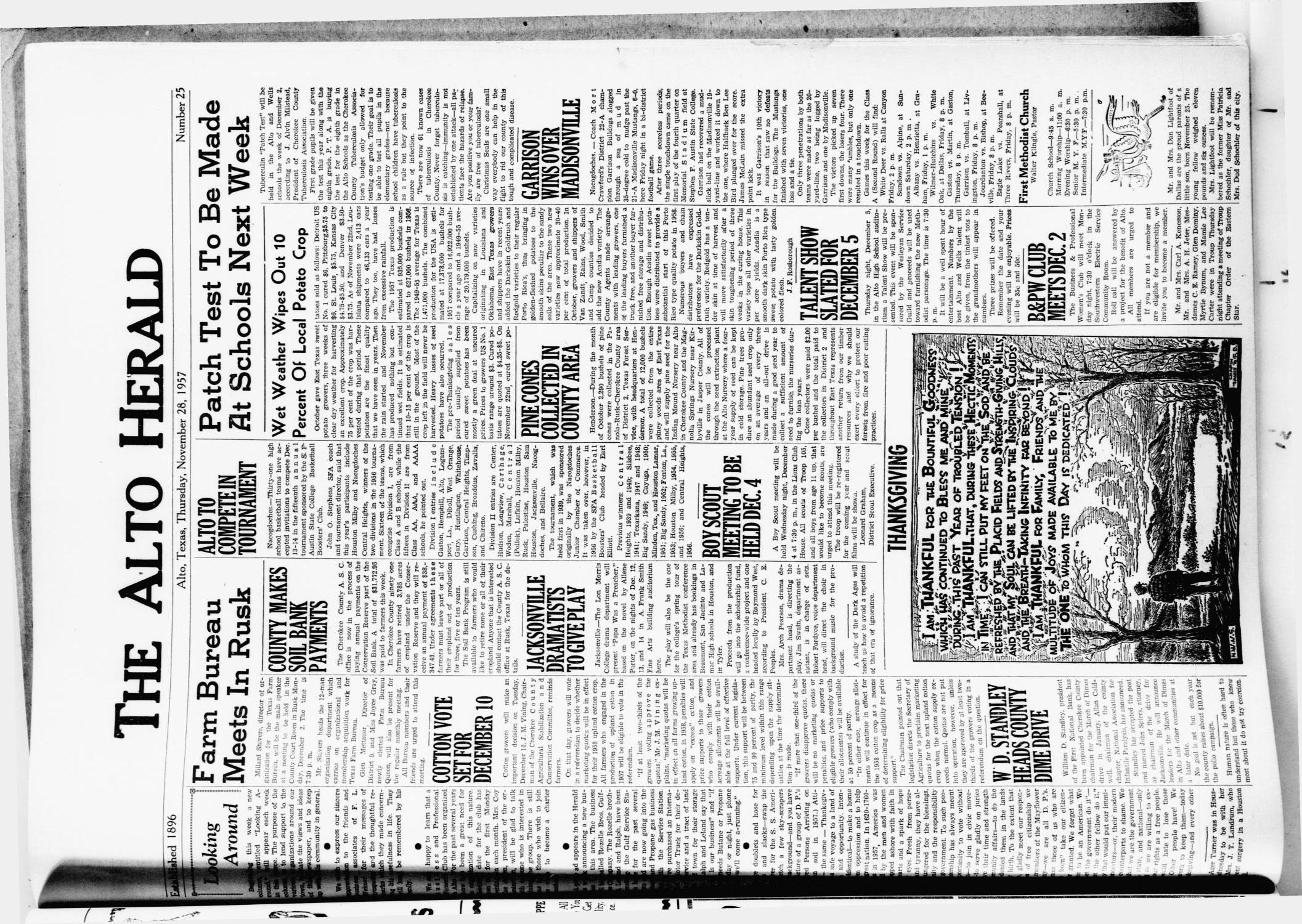 The Alto Herald (Alto, Tex.), No. 25, Ed. 1 Thursday, November 28, 1957
                                                
                                                    [Sequence #]: 1 of 8
                                                