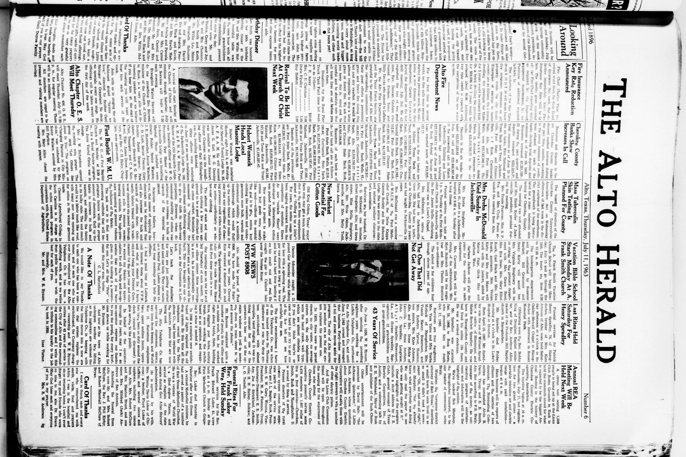 The Alto Herald (Alto, Tex.), No. 6, Ed. 1 Thursday, July 11, 1963
                                                
                                                    [Sequence #]: 1 of 8
                                                