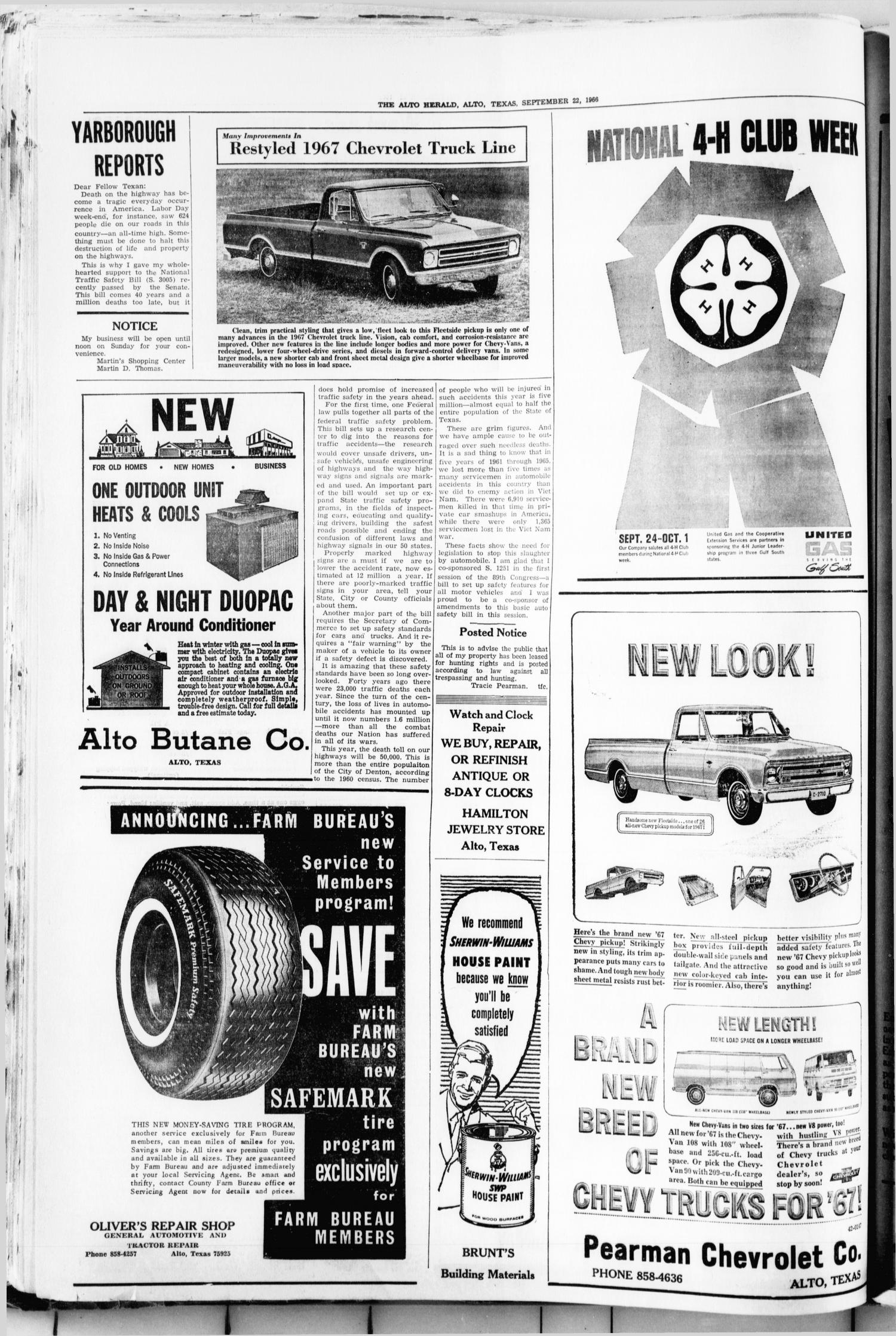 The Alto Herald (Alto, Tex.), No. 17, Ed. 1 Thursday, September 22, 1966
                                                
                                                    [Sequence #]: 4 of 8
                                                