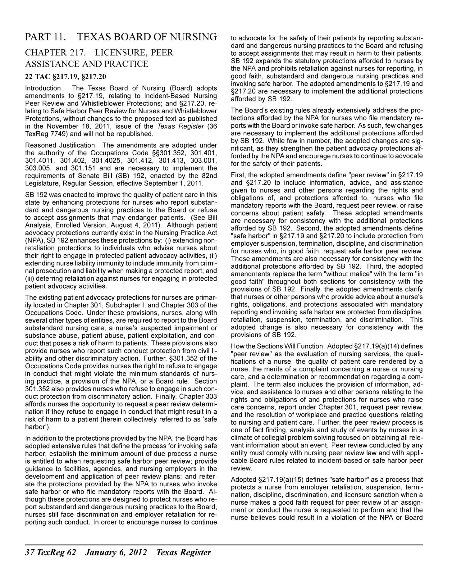 Texas Register, Volume 37, Number 1, Pages 1-84, January 6, 2012
                                                
                                                    62
                                                