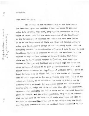 Primary view of [Transcript of letter from Arthur G. Wavell to President Guadalupe Victoria, August 5, 1825]