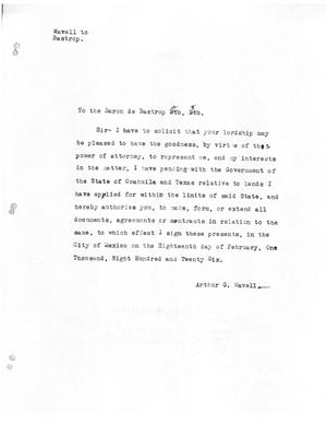 Primary view of object titled '[Transcript of letter from Arthur G. Wavell to Baron de Bastrop, February 18, 1826]'.
