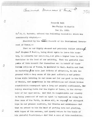 Primary view of [Transcript of Resolution from the General Council of the Provisional Government to Stephen F. Austin, Decemeber 11, 1835]