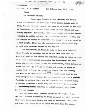 Primary view of object titled '[Transcript of Letter from Orazio de Attellis Santangelo to Stephen F. Austin, August 15, 1836]'.