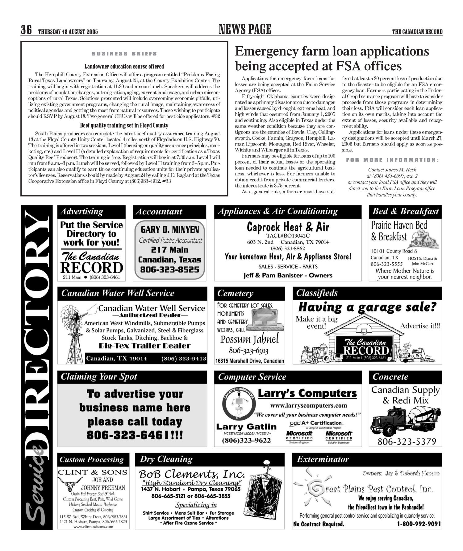 The Canadian Record (Canadian, Tex.), Vol. 115, No. 33, Ed. 1 Thursday, August 18, 2005
                                                
                                                    [Sequence #]: 36 of 40
                                                