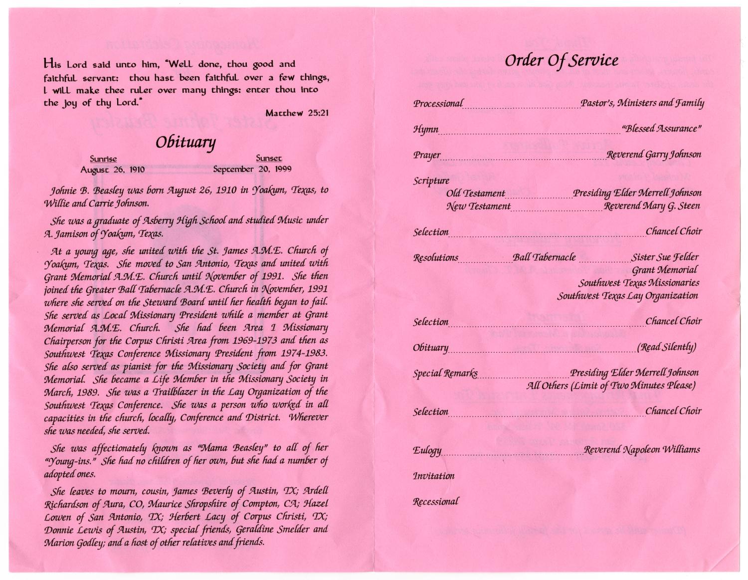 [Funeral Program for Johnie Beasley, September 25, 1999]
                                                
                                                    [Sequence #]: 2 of 3
                                                