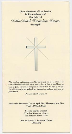 Primary view of object titled '[Funeral Program for Lillie Ledal Brownlow Brown, April 16, 2010]'.