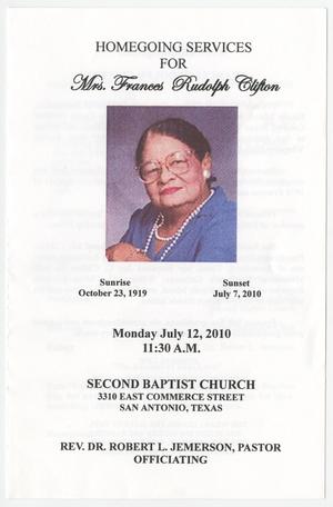 Primary view of object titled '[Funeral Program for Frances Rudolph Clifton, July 12, 2010]'.