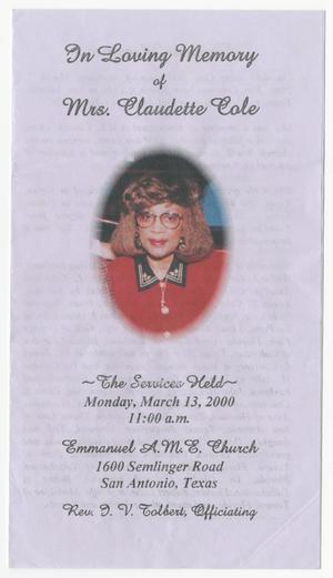 Primary view of object titled '[Funeral Program for Claudette Cole, March 13, 2000]'.