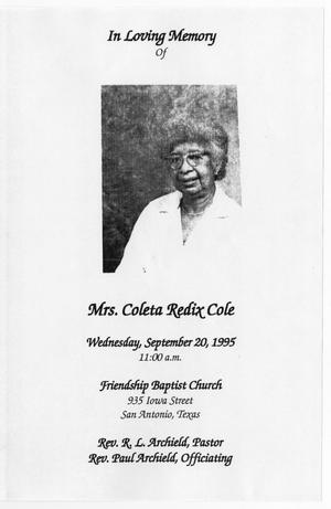 Primary view of object titled '[Funeral Program for Coleta Redix Cole, September 20, 1995]'.