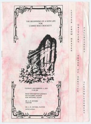 Primary view of object titled '[Funeral Program for Carrie Mae Crockett, December 11, 2001]'.