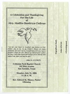 Primary view of object titled '[Funeral Program for Mattie Beatrice DeBose, July 31, 2006]'.
