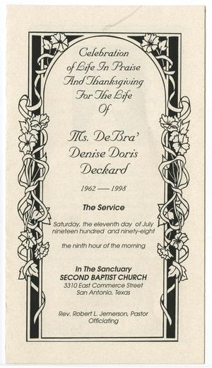 Primary view of object titled '[Funeral Program for DeBra' D. Deckard, July 11, 1998]'.