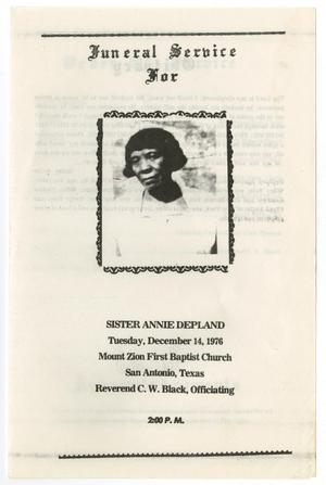 Primary view of object titled '[Funeral Program for Annie Depland, December 14, 1976]'.