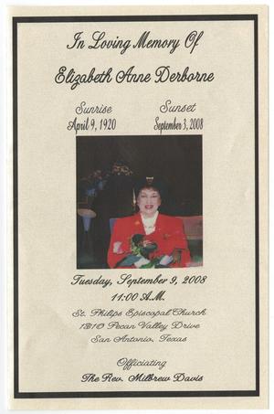 Primary view of object titled '[Funeral Program for Elizabeth Anne Derborne, September 9, 2008]'.