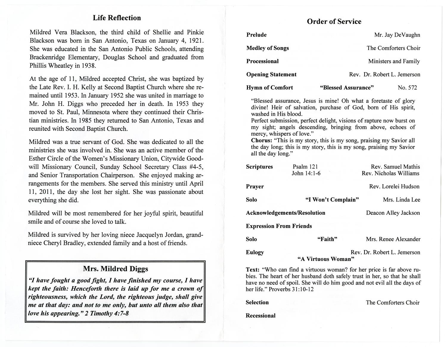 [Funeral Program for Mildred Vera Blackson Diggs, July 18, 2011]
                                                
                                                    [Sequence #]: 2 of 3
                                                