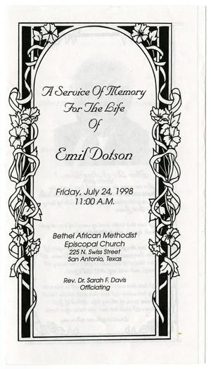 Primary view of object titled '[Funeral Program for Emil Dotson, July 24, 1998]'.