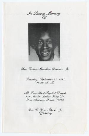 Primary view of object titled '[Funeral Program for Gaines Hamilton Duncan, Jr., September 22, 1987]'.