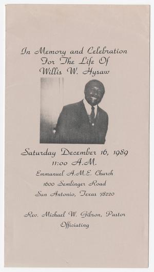 Primary view of object titled '[Funeral Program for Willis W. Hysaw, December 16, 1989]'.