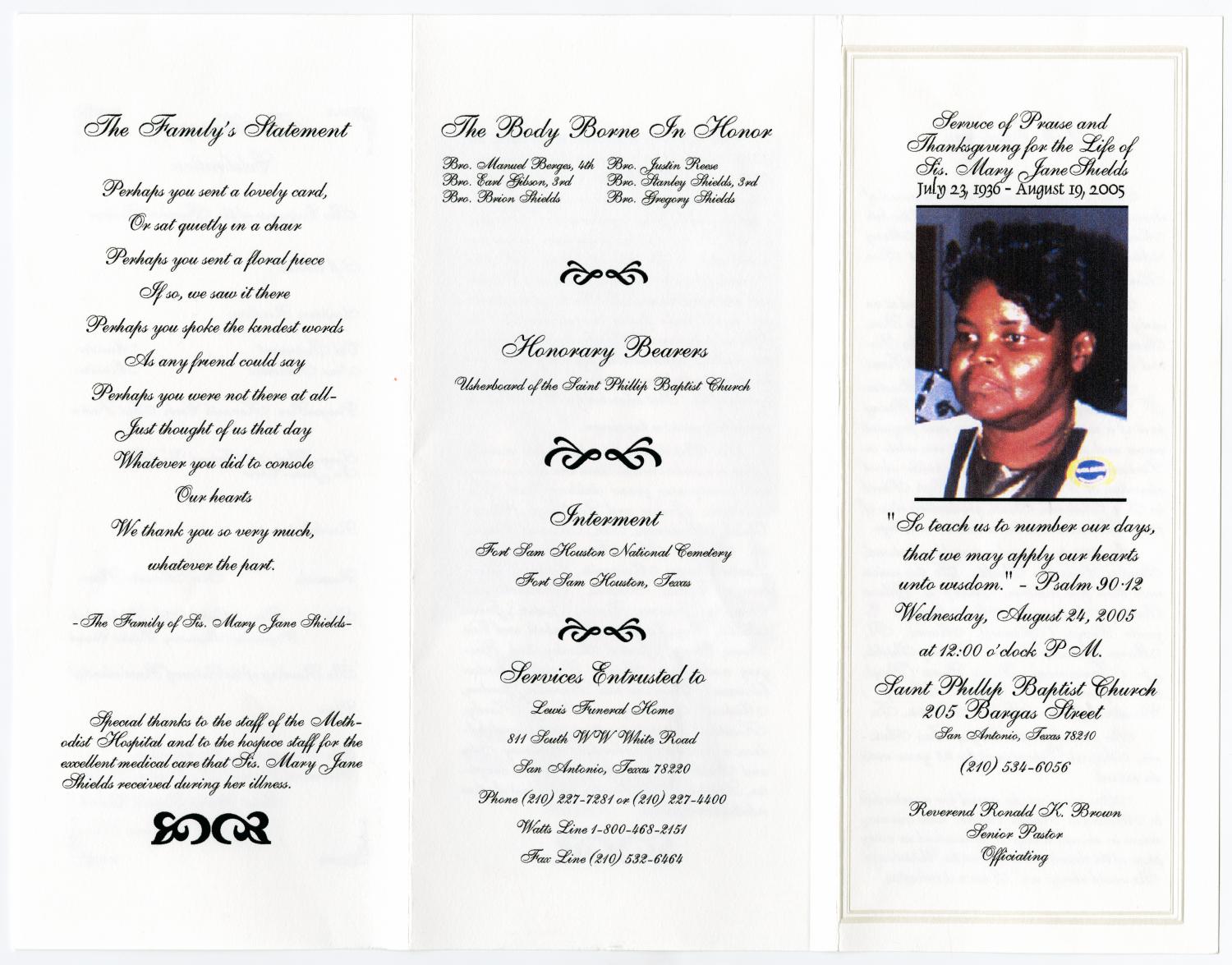 [Funeral Program for Mary Jane Shields, August 24, 2005]
                                                
                                                    [Sequence #]: 3 of 3
                                                