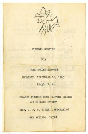 Primary view of object titled '[Funeral Program for Ovlyn Simmons, September 16, 1965]'.