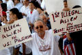 Photograph: [Jose Angel Gutierrez holding two handwritten signs]
