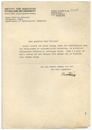 Primary view of object titled '[Letter from the University Institute of Vegetative Physiology to Meyer Bodansky - January 1937]'.
