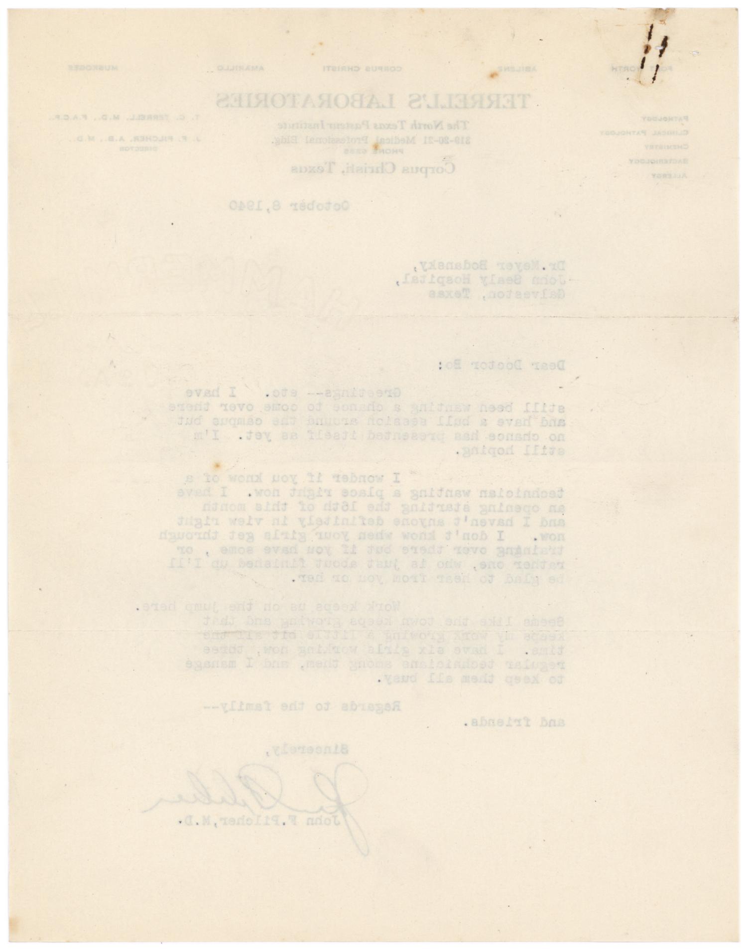 [Correspondence between Meyer Bodansky and John F. Pilcher - October 1940]
                                                
                                                    [Sequence #]: 6 of 6
                                                
