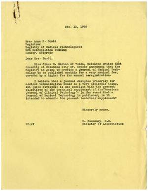 Primary view of object titled '[Letter from Meyer Bodansky to Mrs. Anna R. Scott - December 13, 1938]'.