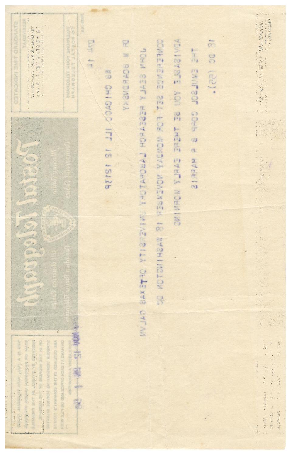 [Postal Telegraph from Benjamin R. Harris to Dr. Meyer Bodansky - November 12, 1940]
                                                
                                                    [Sequence #]: 2 of 2
                                                
