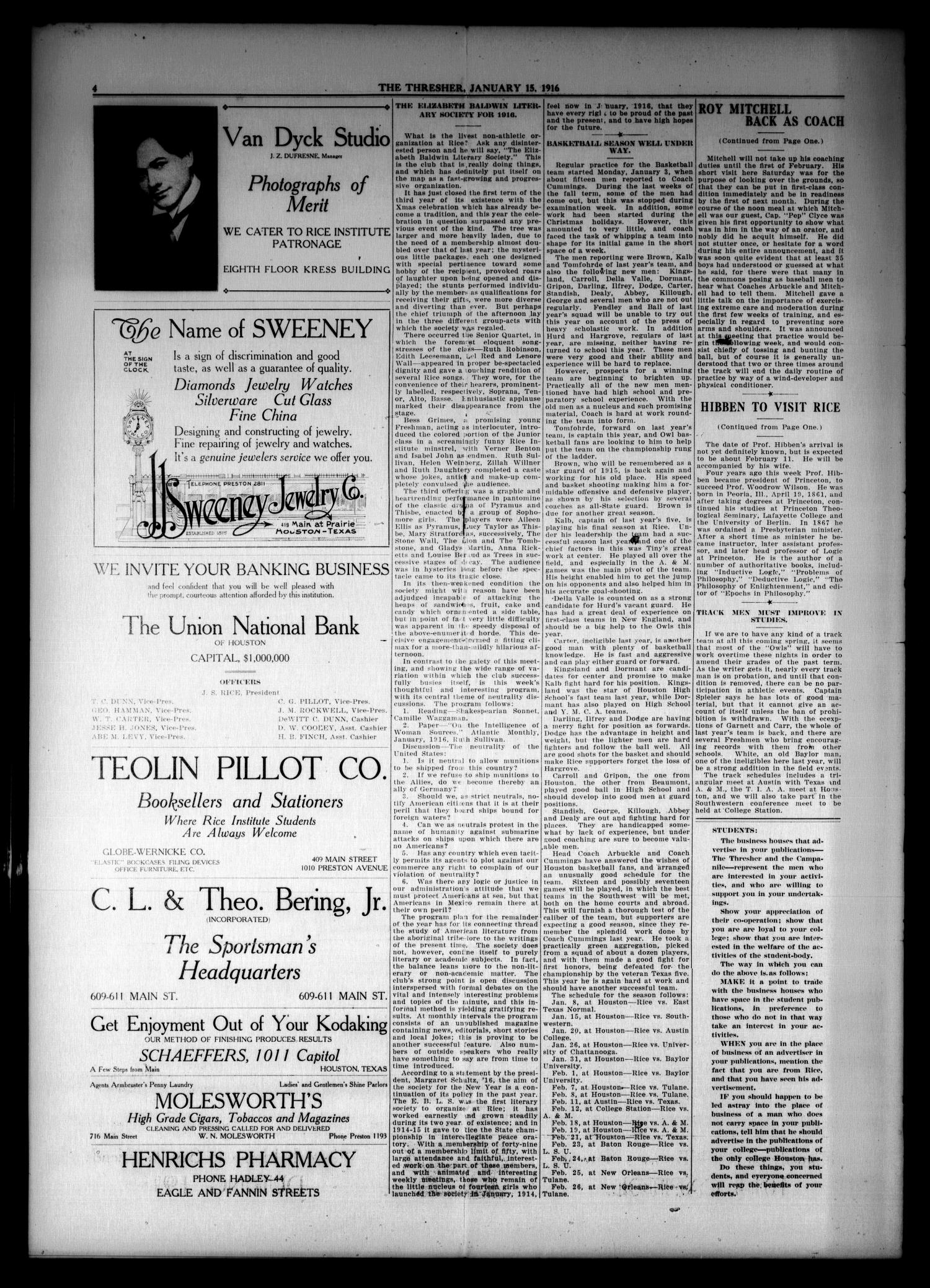 The Thresher (Houston, Tex.), Vol. 1, No. 1, Ed. 1 Saturday, January 15, 1916
                                                
                                                    [Sequence #]: 4 of 4
                                                
