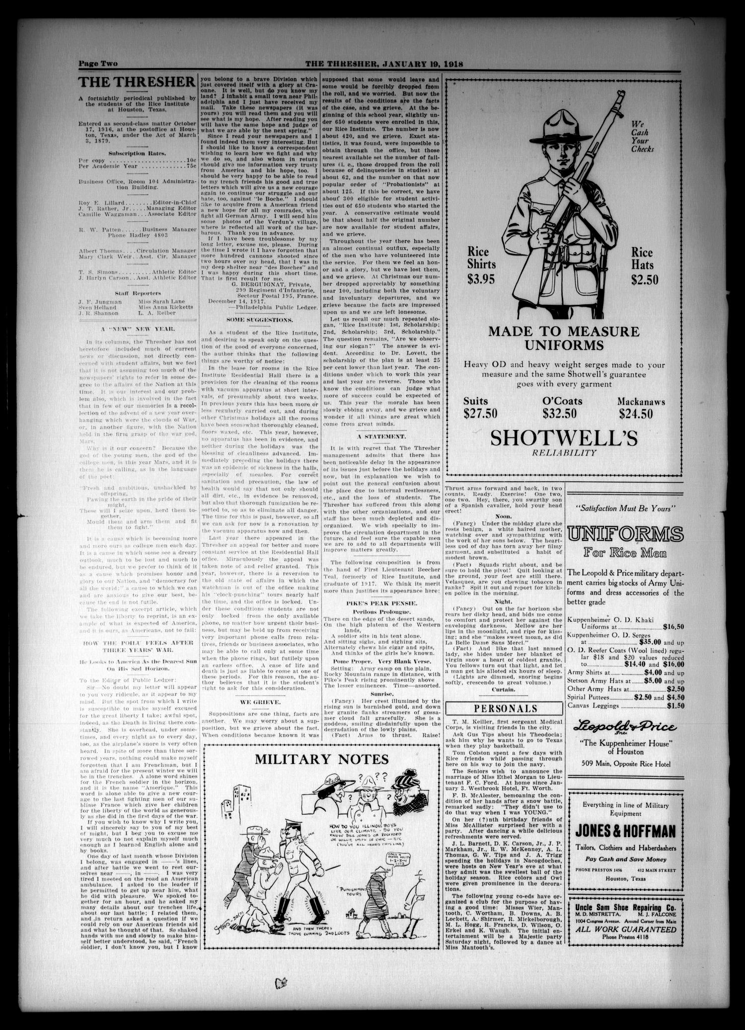 The Thresher (Houston, Tex.), Vol. 3, No. 7, Ed. 1 Saturday, January 19, 1918
                                                
                                                    [Sequence #]: 2 of 4
                                                