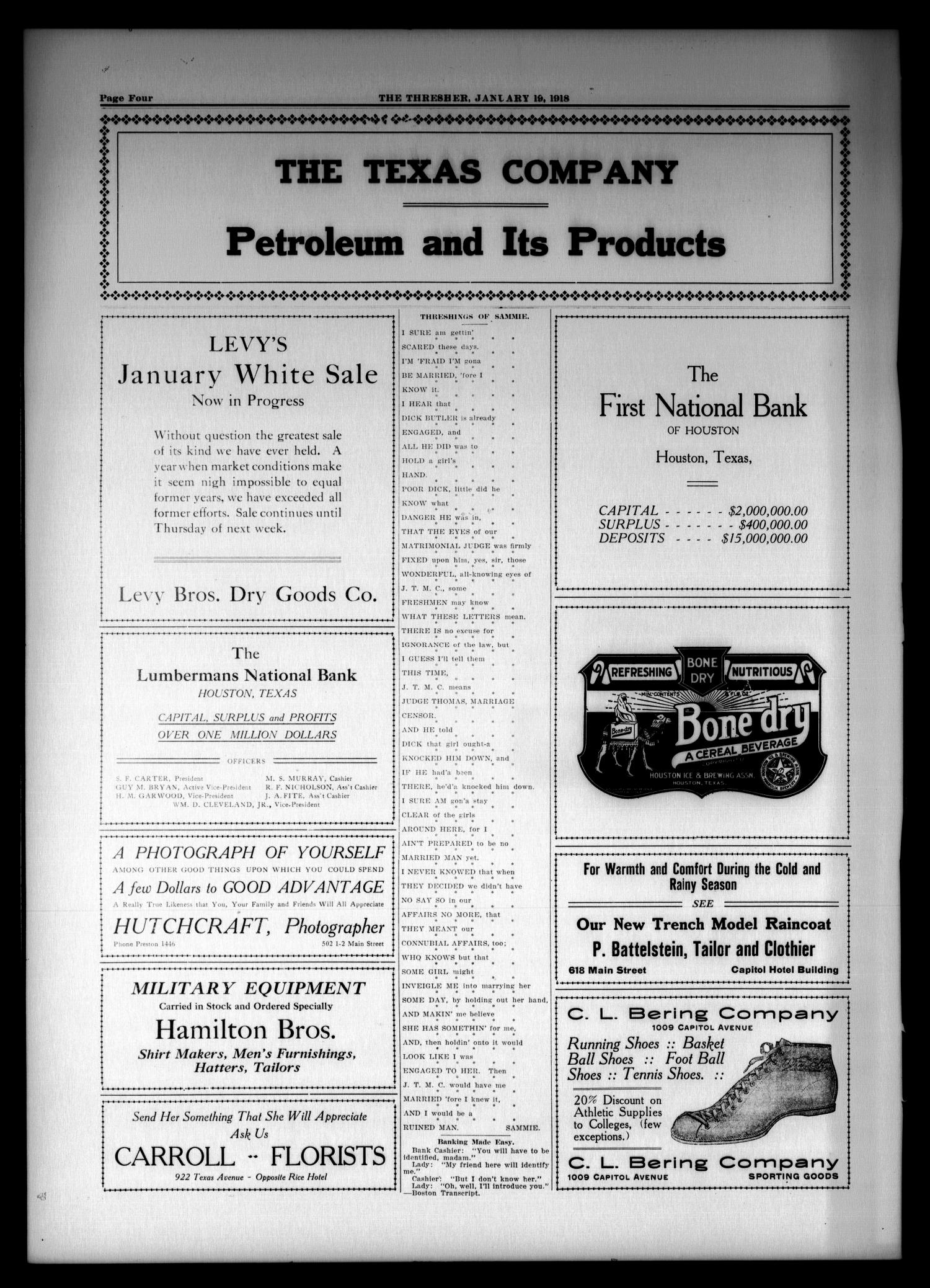 The Thresher (Houston, Tex.), Vol. 3, No. 7, Ed. 1 Saturday, January 19, 1918
                                                
                                                    [Sequence #]: 4 of 4
                                                