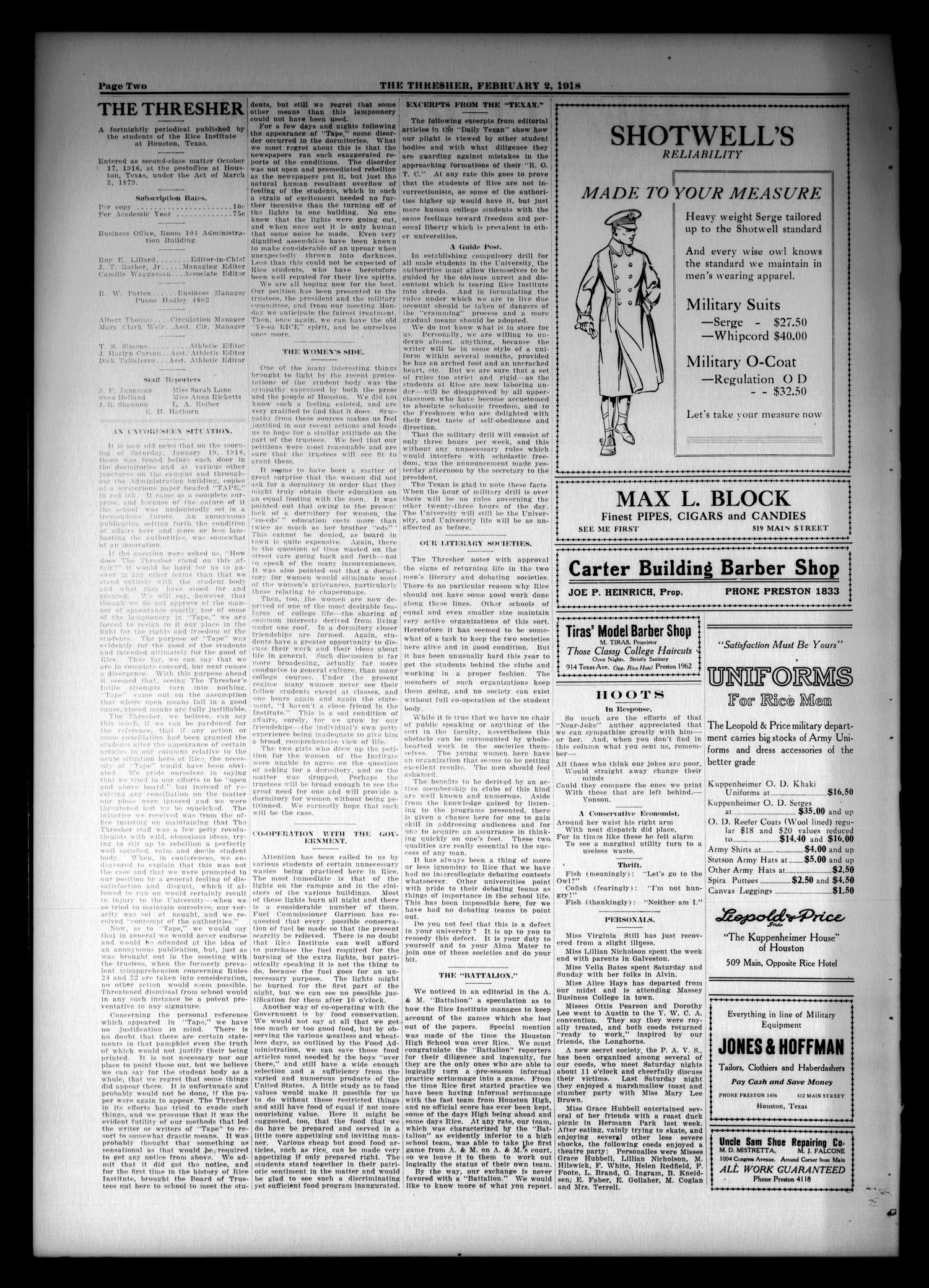 The Thresher (Houston, Tex.), Vol. 3, No. 8, Ed. 1 Saturday, February 2, 1918
                                                
                                                    [Sequence #]: 2 of 4
                                                