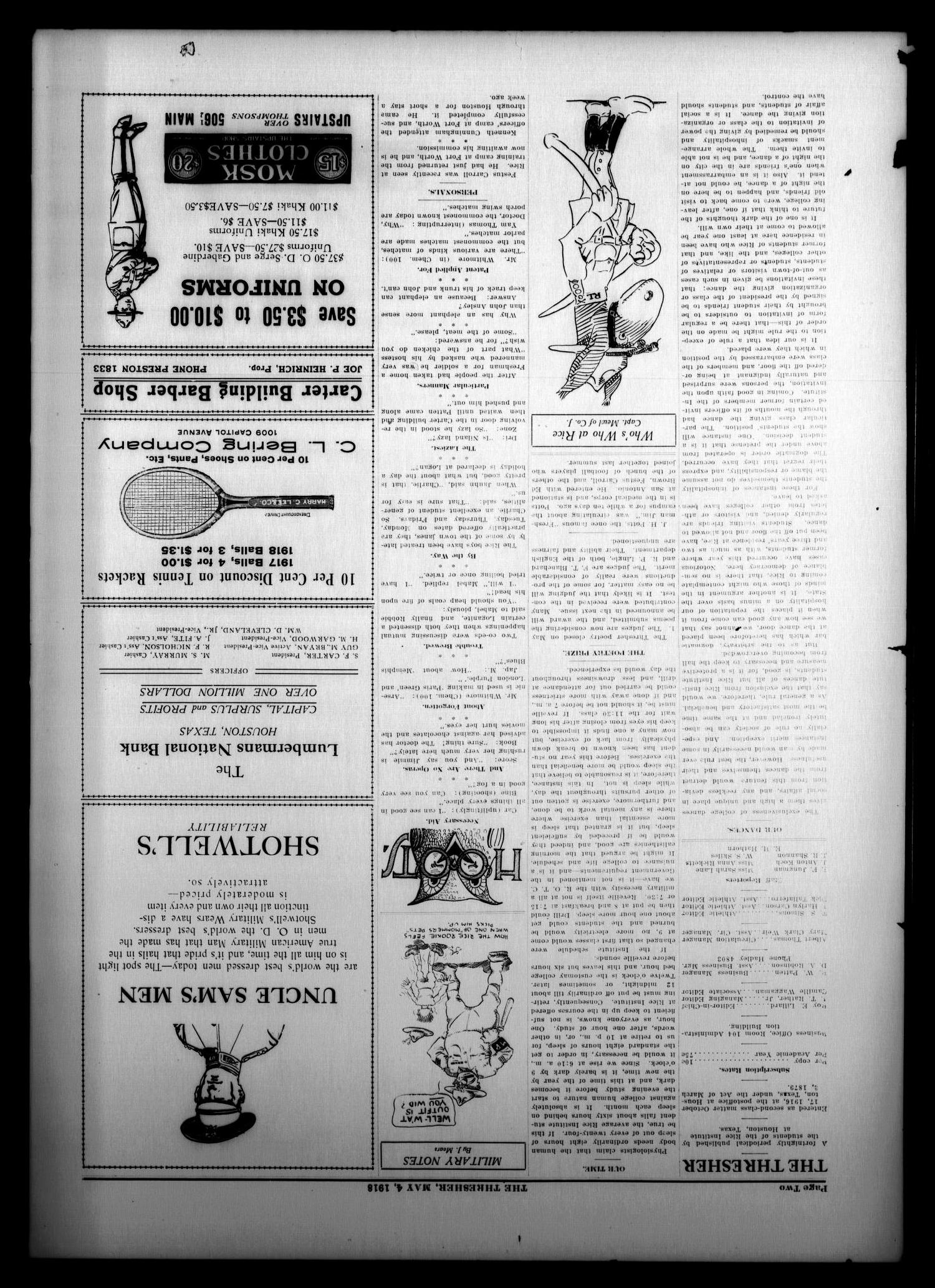 The Thresher (Houston, Tex.), Vol. 3, No. 13, Ed. 1 Saturday, May 4, 1918
                                                
                                                    [Sequence #]: 2 of 4
                                                