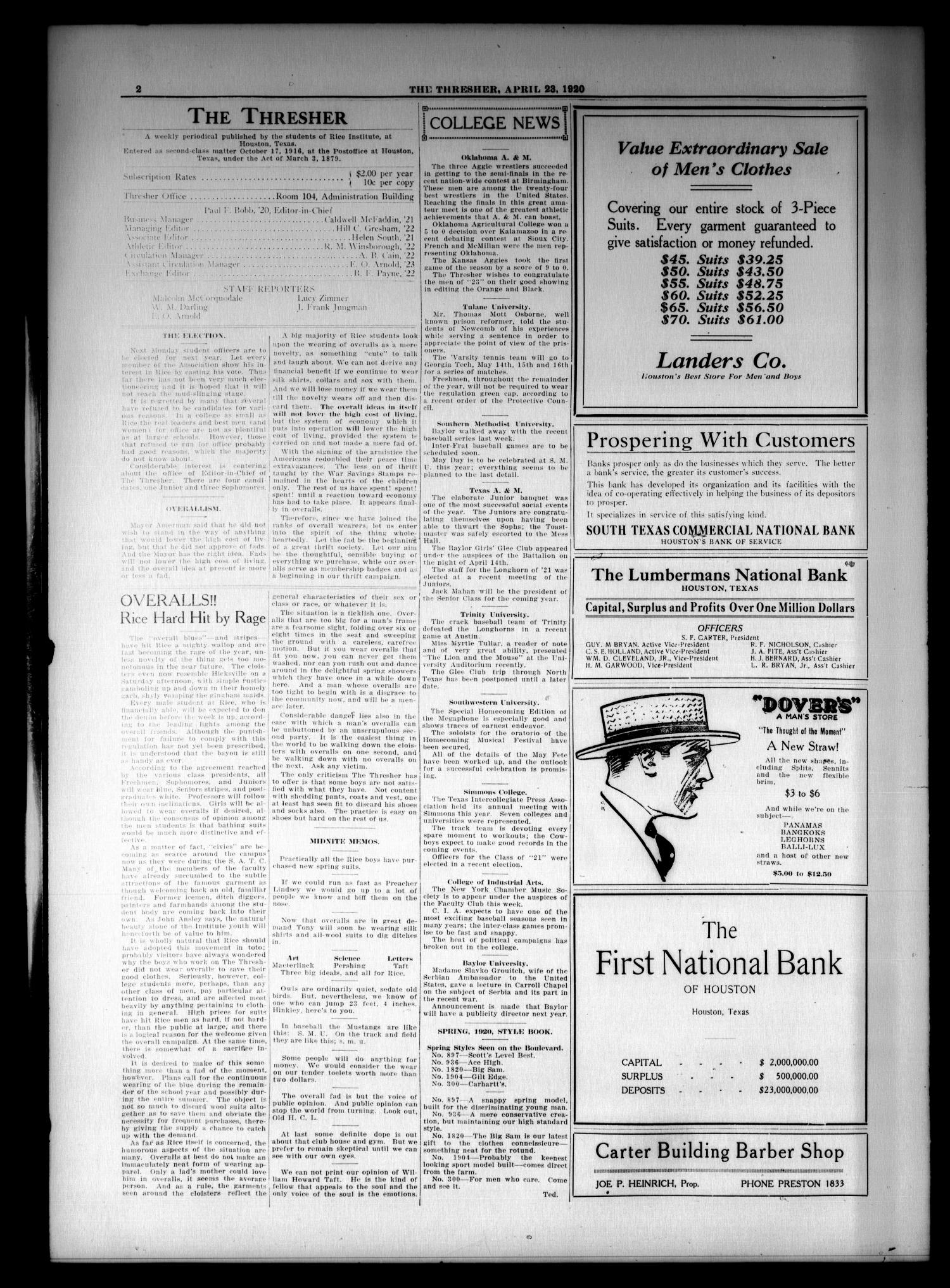 The Thresher (Houston, Tex.), Vol. 5, No. 23, Ed. 1 Friday, April 23, 1920
                                                
                                                    [Sequence #]: 2 of 4
                                                