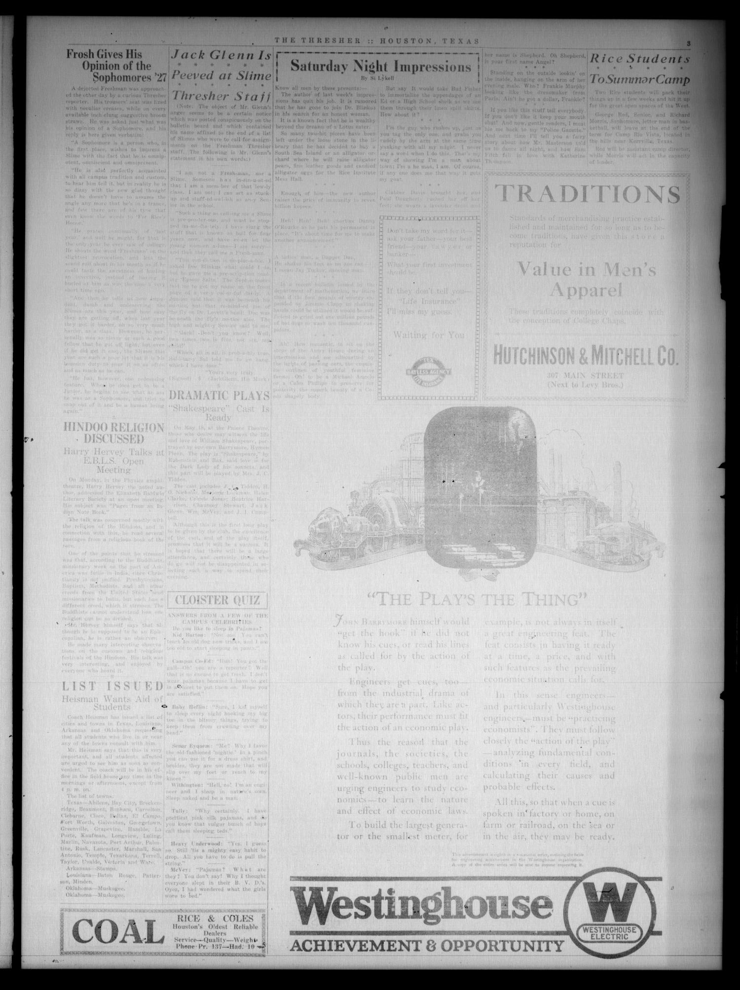 The Thresher (Houston, Tex.), Vol. 10, No. 29, Ed. 1 Friday, May 1, 1925
                                                
                                                    [Sequence #]: 3 of 6
                                                