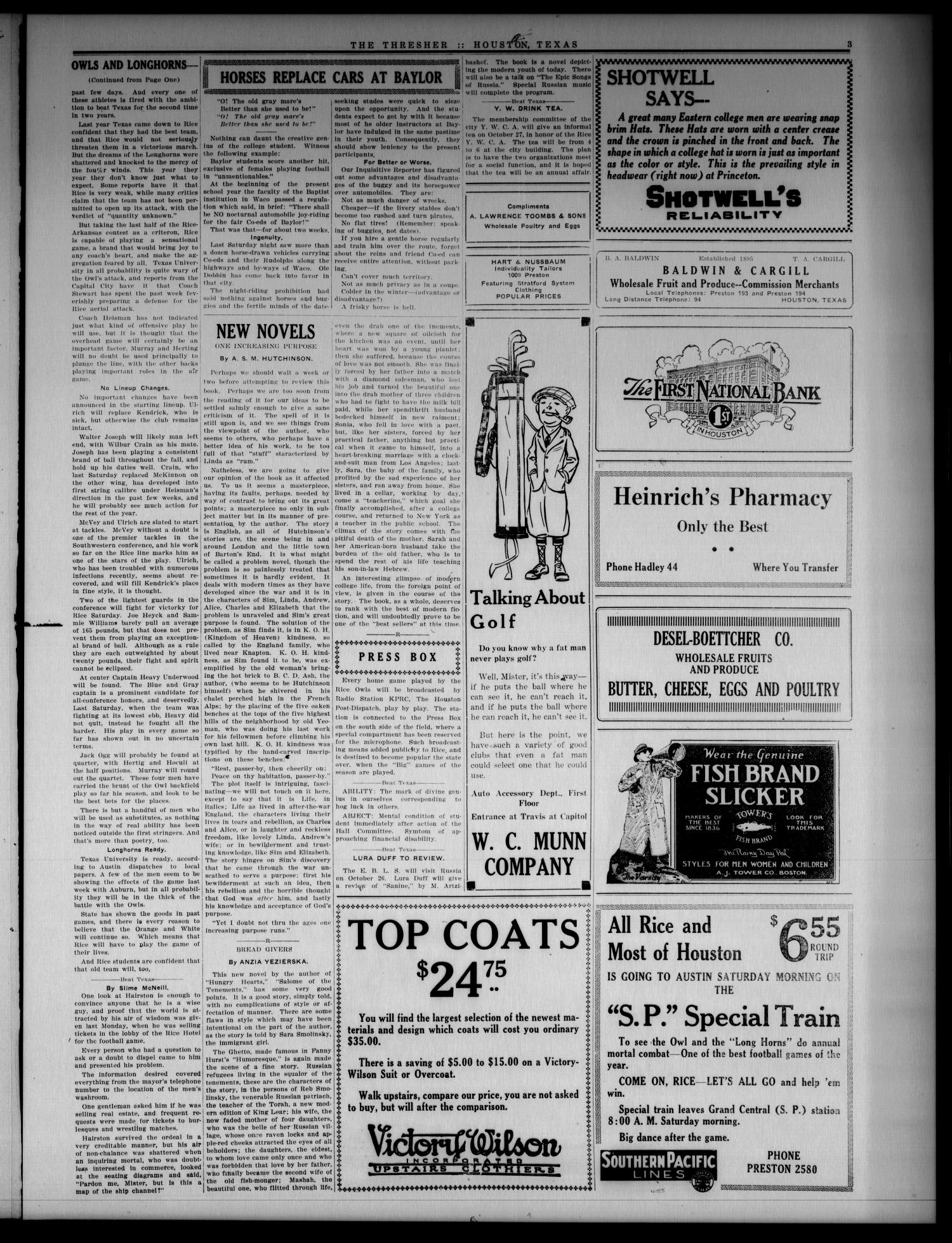 The Thresher (Houston, Tex.), Vol. 11, No. 6, Ed. 1 Friday, October 23, 1925
                                                
                                                    [Sequence #]: 3 of 6
                                                