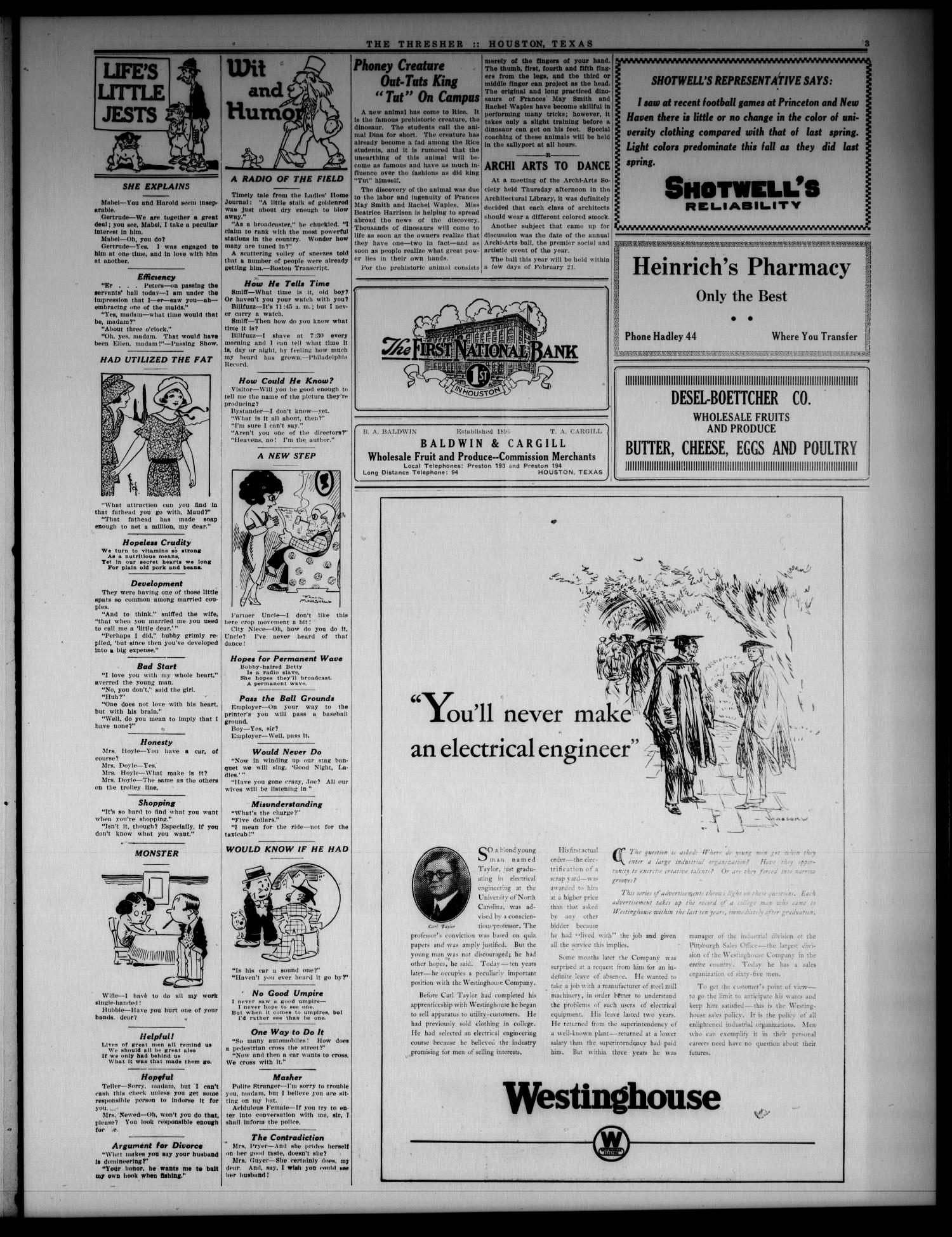The Thresher (Houston, Tex.), Vol. 11, No. 7, Ed. 1 Friday, October 30, 1925
                                                
                                                    [Sequence #]: 3 of 6
                                                