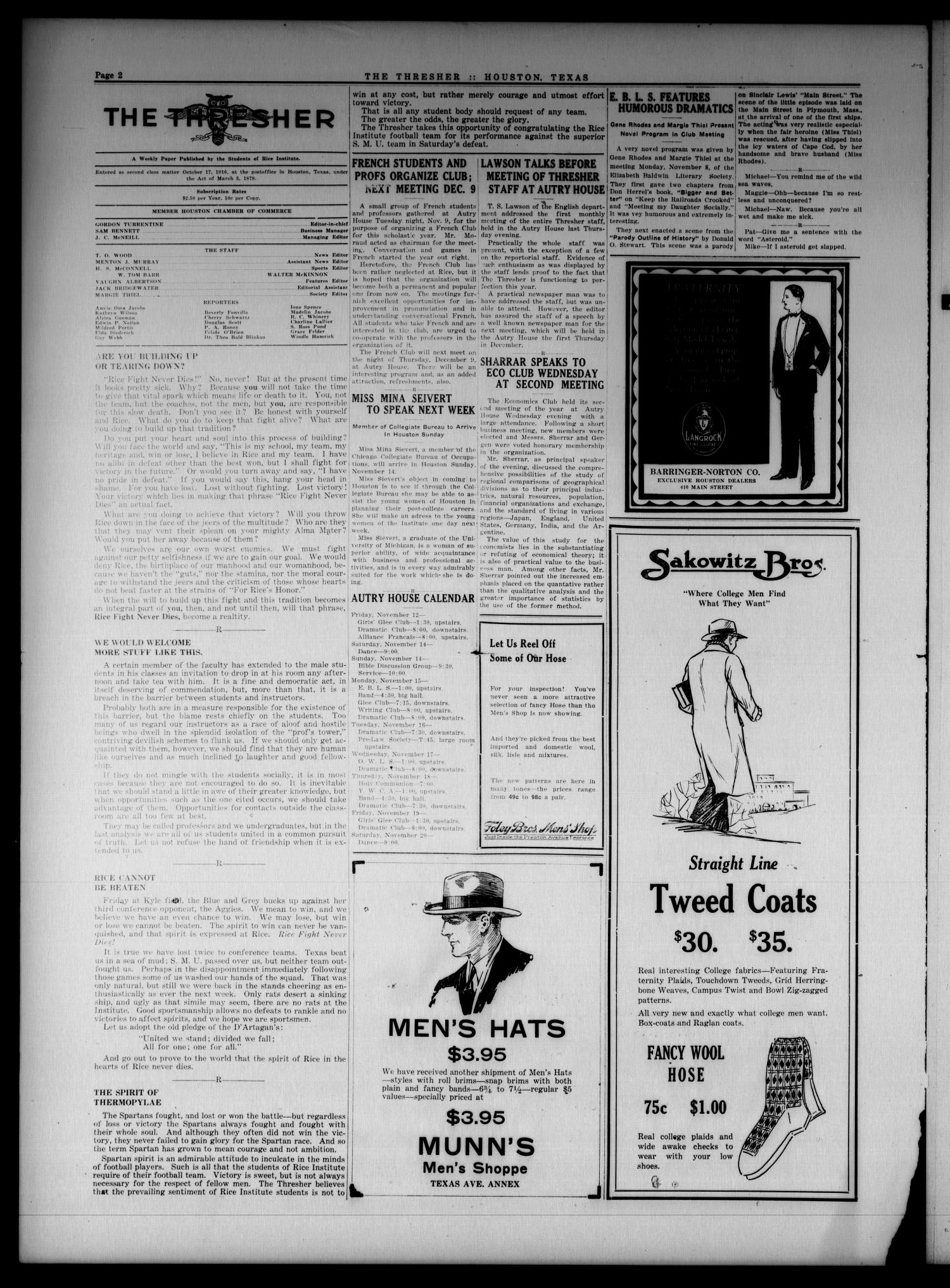 The Thresher (Houston, Tex.), Vol. 12, No. 8, Ed. 1 Friday, November 12, 1926
                                                
                                                    [Sequence #]: 2 of 6
                                                