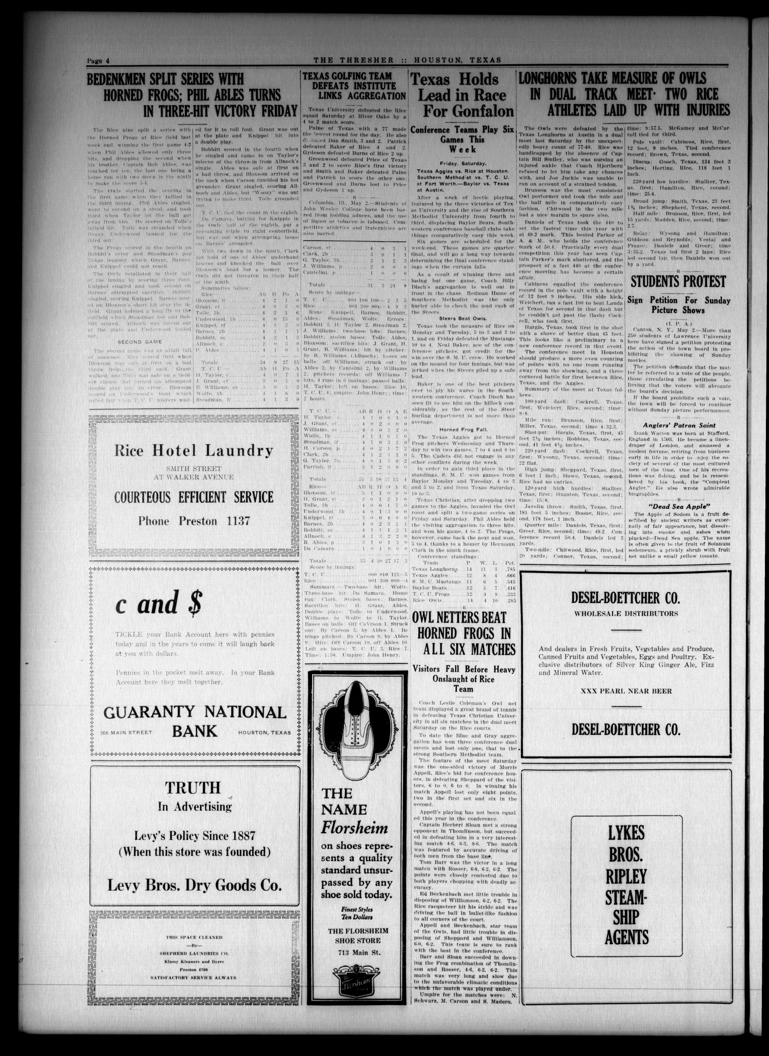 The Thresher (Houston, Tex.), Vol. 12, No. 28, Ed. 1 Wednesday, May 4, 1927
                                                
                                                    [Sequence #]: 4 of 6
                                                