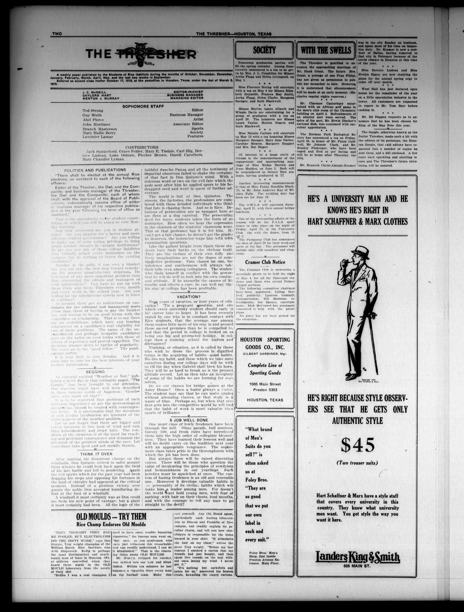 The Thresher (Houston, Tex.), Vol. 13, No. 26, Ed. 1 Friday, April 20, 1928
                                                
                                                    [Sequence #]: 2 of 4
                                                