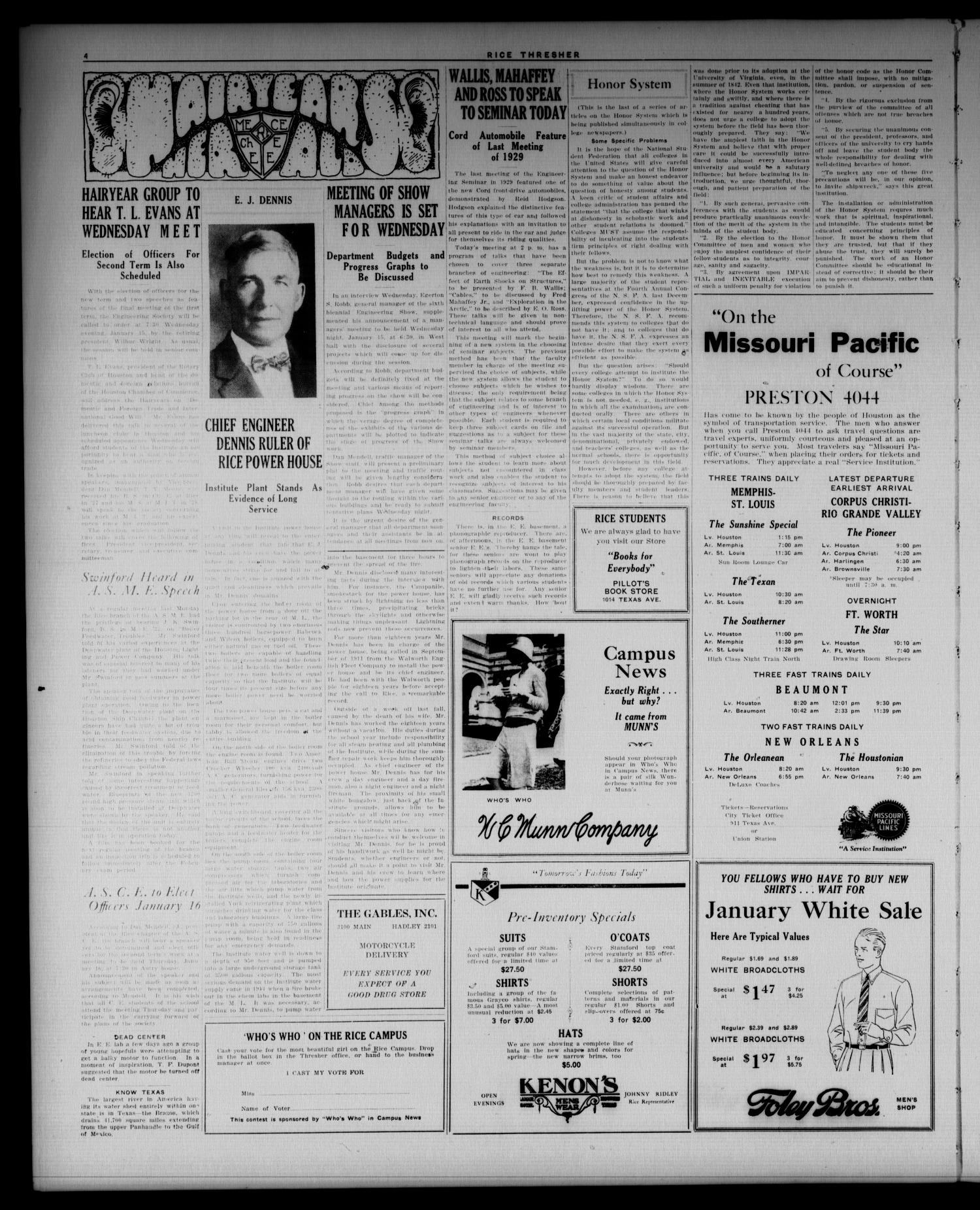 The Thresher (Houston, Tex.), Vol. 15, No. 15, Ed. 1 Friday, January 10, 1930
                                                
                                                    [Sequence #]: 4 of 4
                                                